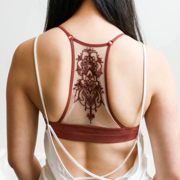 Rust boho mesh Floral racerback Seamless bralette - Picture 3 of 8